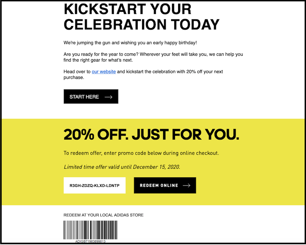 20% off Adidas birthday promo discount code email